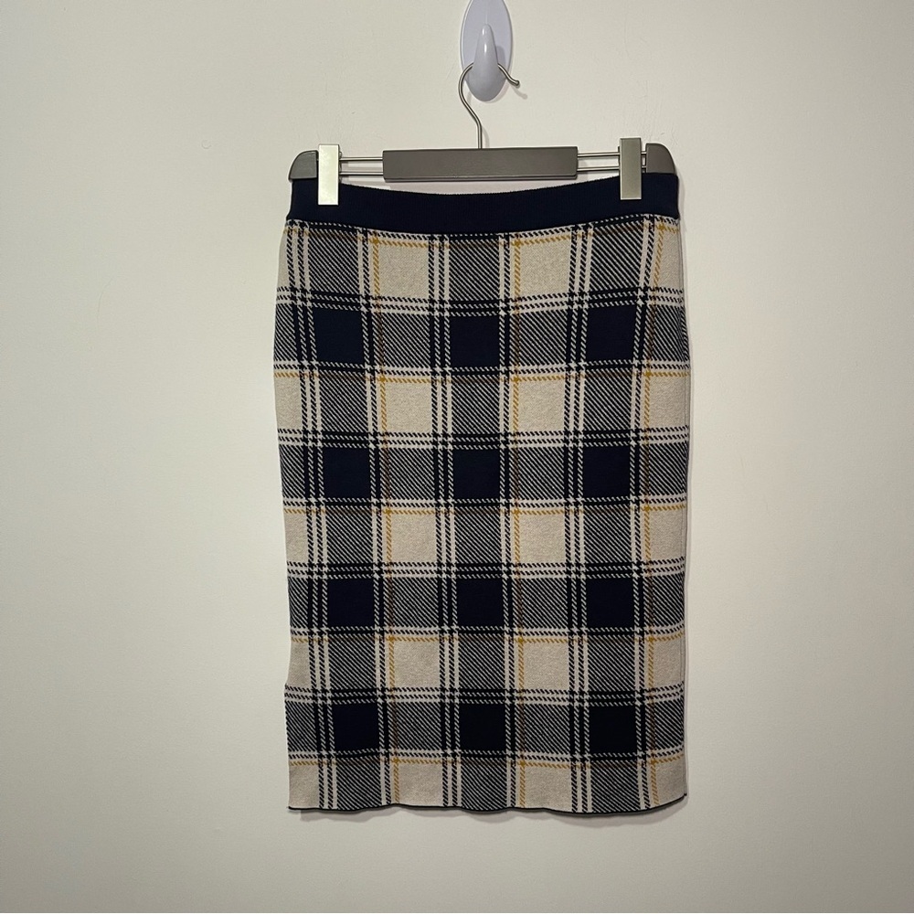 Ann Taylor Women’s Plaid Knit fall holiday Pencil Skirt Navy Yellow in Size M - Picture 5 of 8